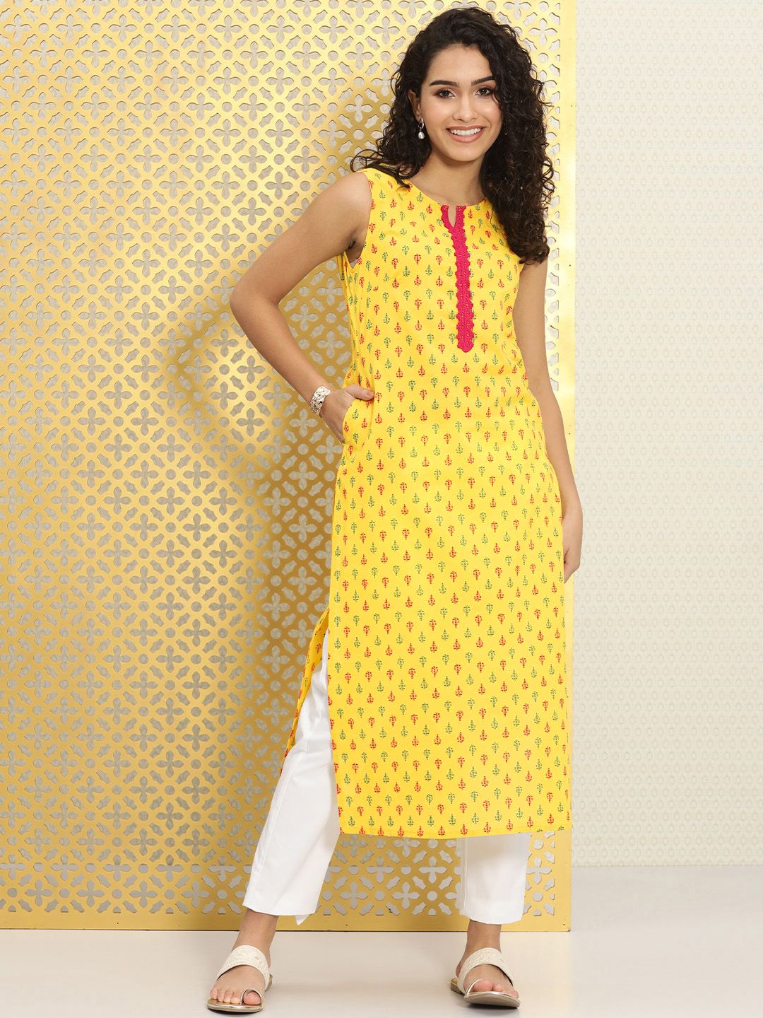 Dhiyona OD  Women Yellow Ethnic Motifs Printed Rozana Straight Kurta