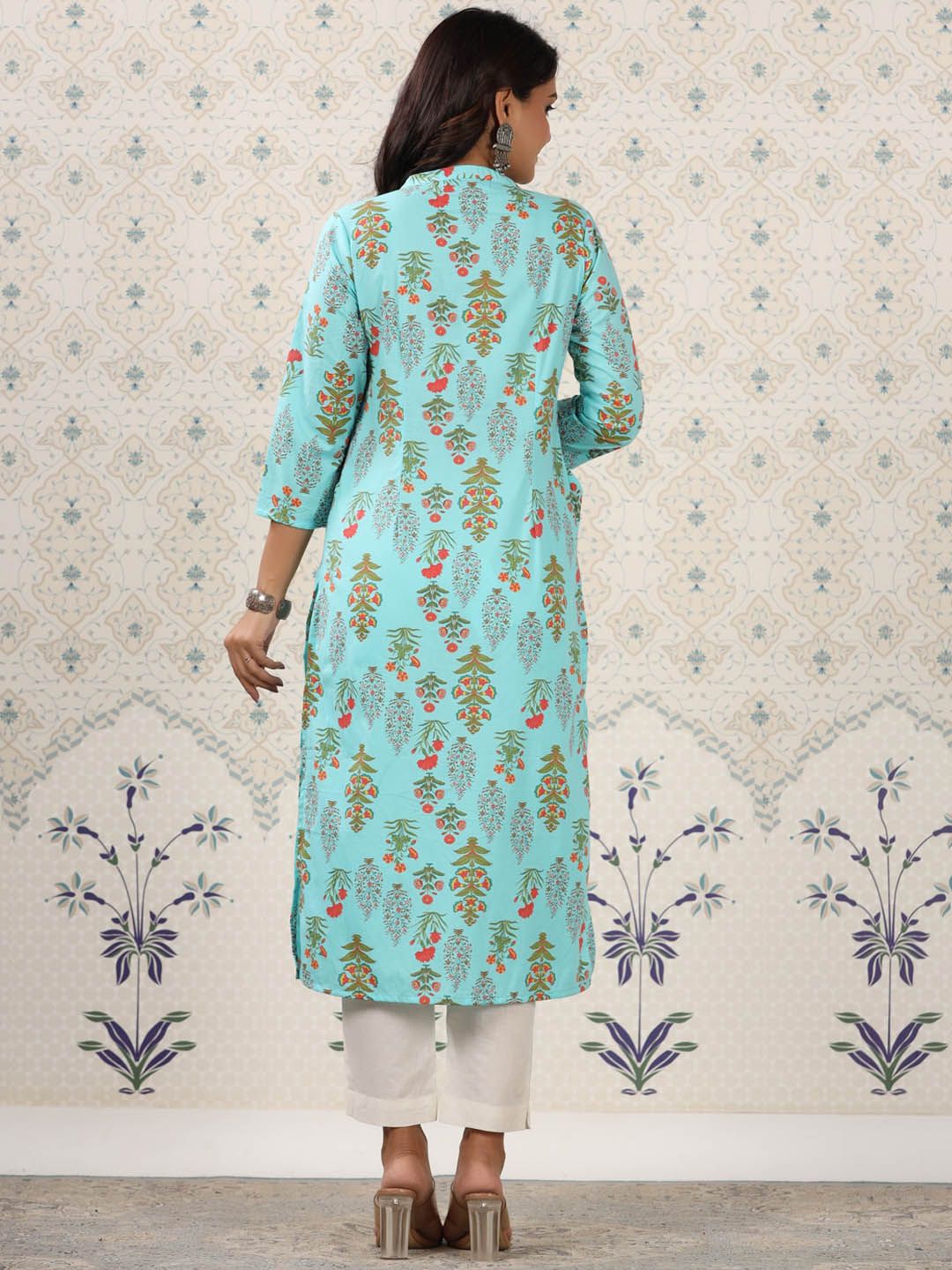 Dhiyona OD  Floral Printed Mandarin Collar Pure Cotton Kurta