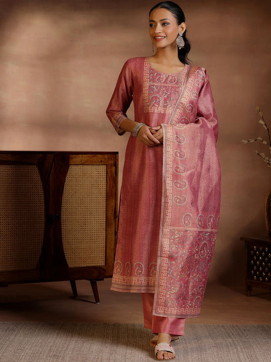 Women Paisley Printed Regular Beads and Stones Pure Silk Kurta with Trousers & With Dupatta