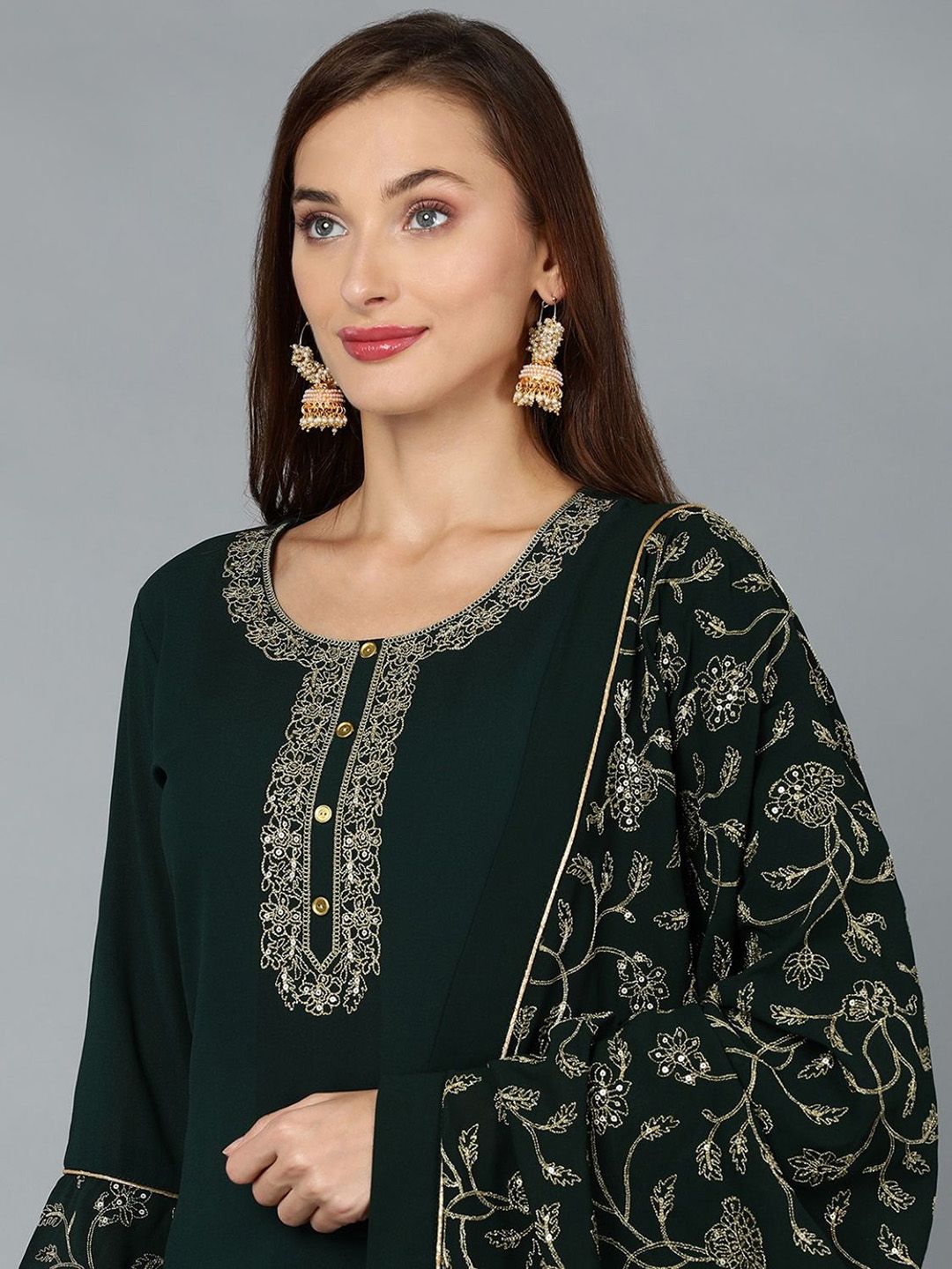 Dhiyona KL Floral Embroidered Round Neck Straight Kurta with Palazzos & Dupatta