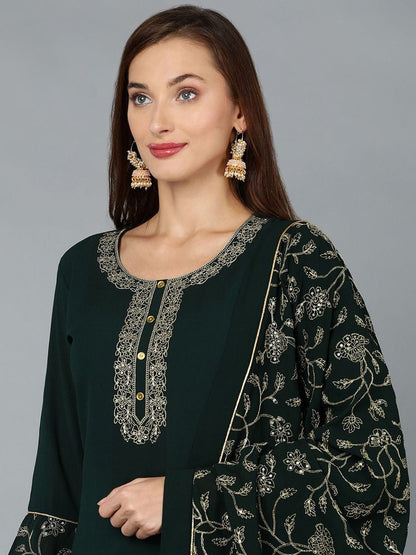 Dhiyona KL Floral Embroidered Round Neck Straight Kurta with Palazzos & Dupatta