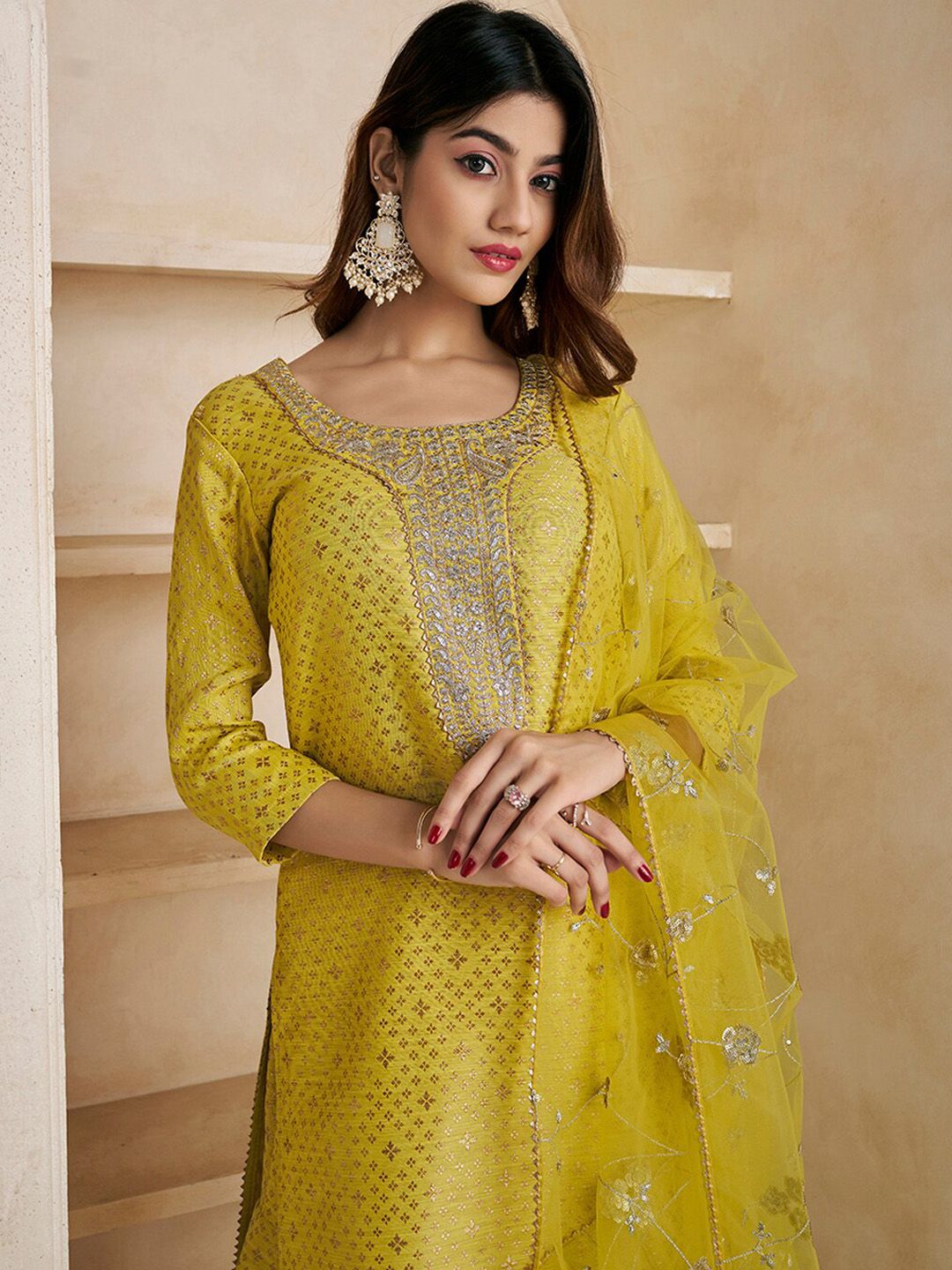 Dhiyona IN Mustard Gotta Patti Straight Kurta & Sharara With Dupatta