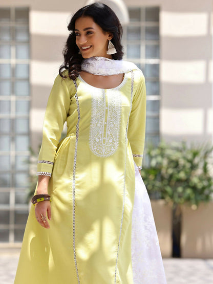 Women's LB Green Embroidered Silk Blend A-Line Kurta With Trousers & Dupatta