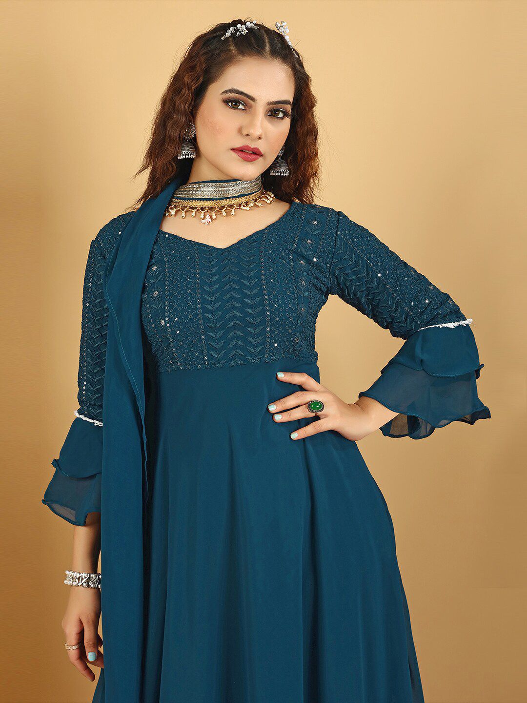 Dhiyona KL Floral Embroidered Regular Sequinned Anarkali Kurta With Palazzos & Dupatta