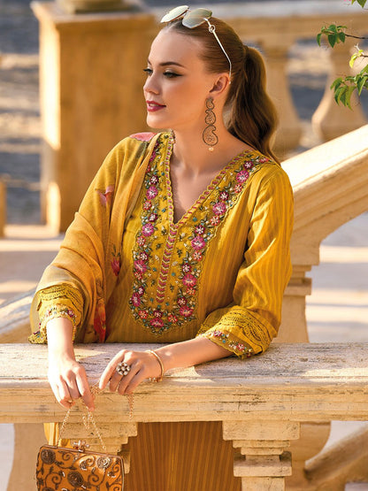 Striped Thread Work Pure Cotton Bell Sleeves Straight Kurta & Trousers & Dupatta