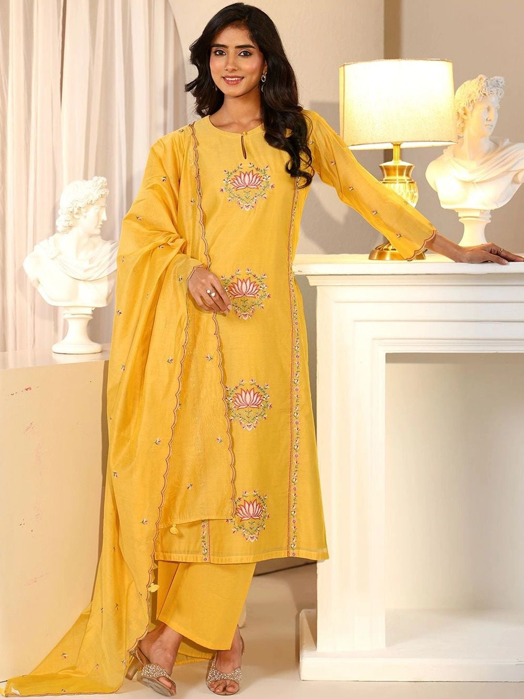 Yellow Lotus Embroidered Chanderi Silk Straight Suit Set