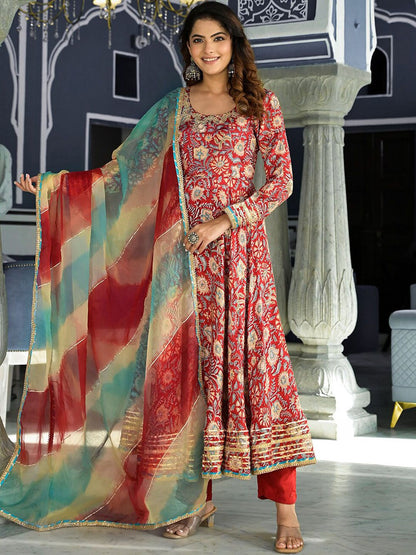 Dhiyona KL Floral Printed Thread Work Anarkali Kurta & Trousers With Dupatta
