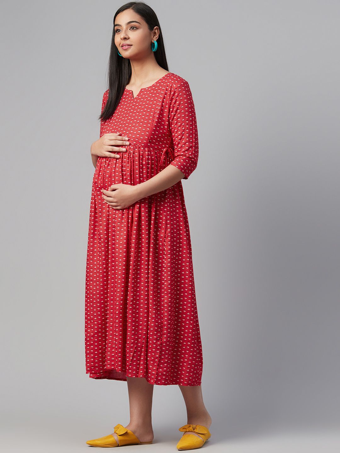 Dhiyona AY Women's Red & Off-White Ethnic Motifs Printed Maternity A-Line Dress