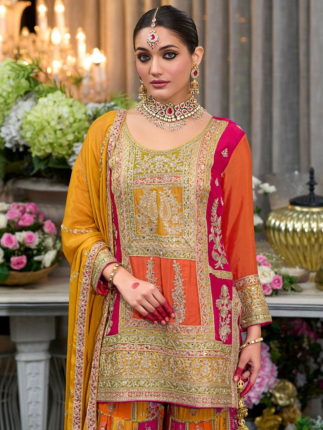 Dhiyona IE Sequinned Embroidered Round Neck Kurta With Palazzos & Dupatta