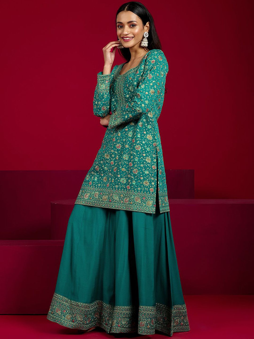 Dhiyona LL Floral Embroidered Round Neck Sequinned Straight Kurta With Palazzos & Dupatta