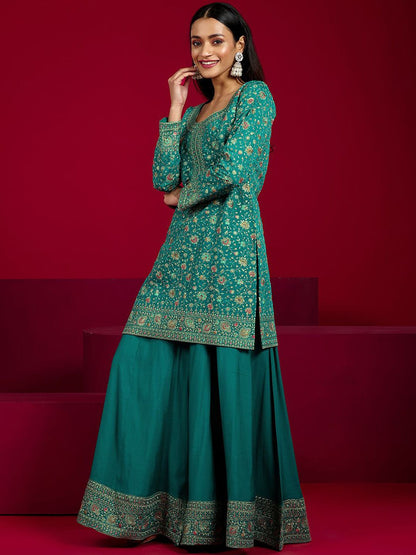 Dhiyona LL Floral Embroidered Round Neck Sequinned Straight Kurta With Palazzos & Dupatta