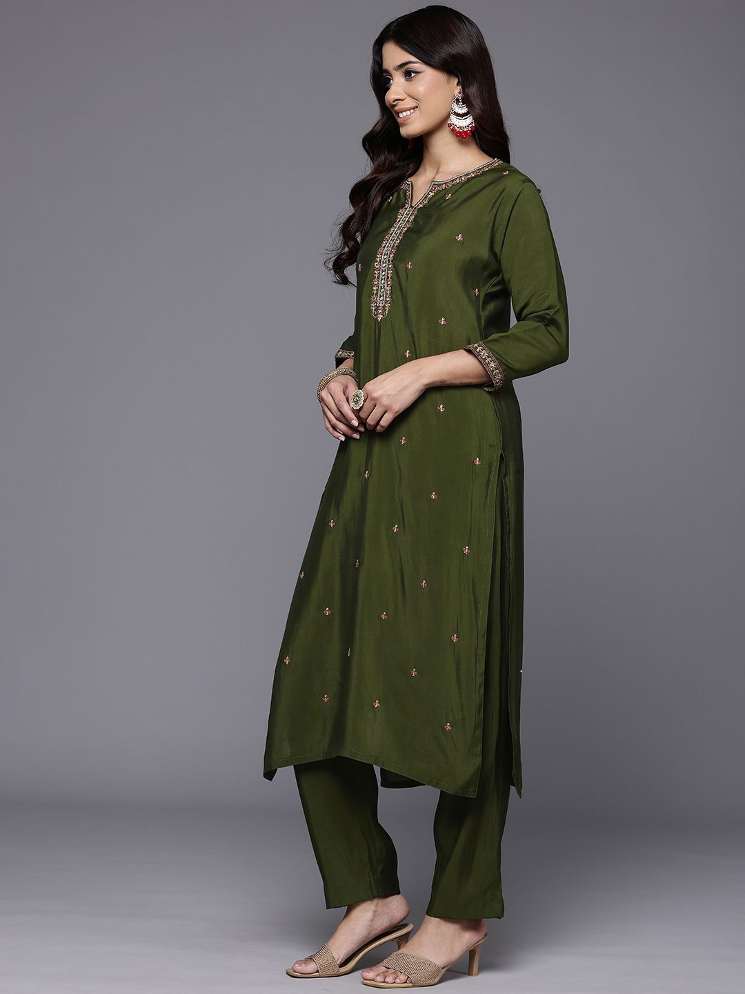 Olive Thread & Zari Embroidered Kurta with Trouser & Ethnic Printed Dupatta