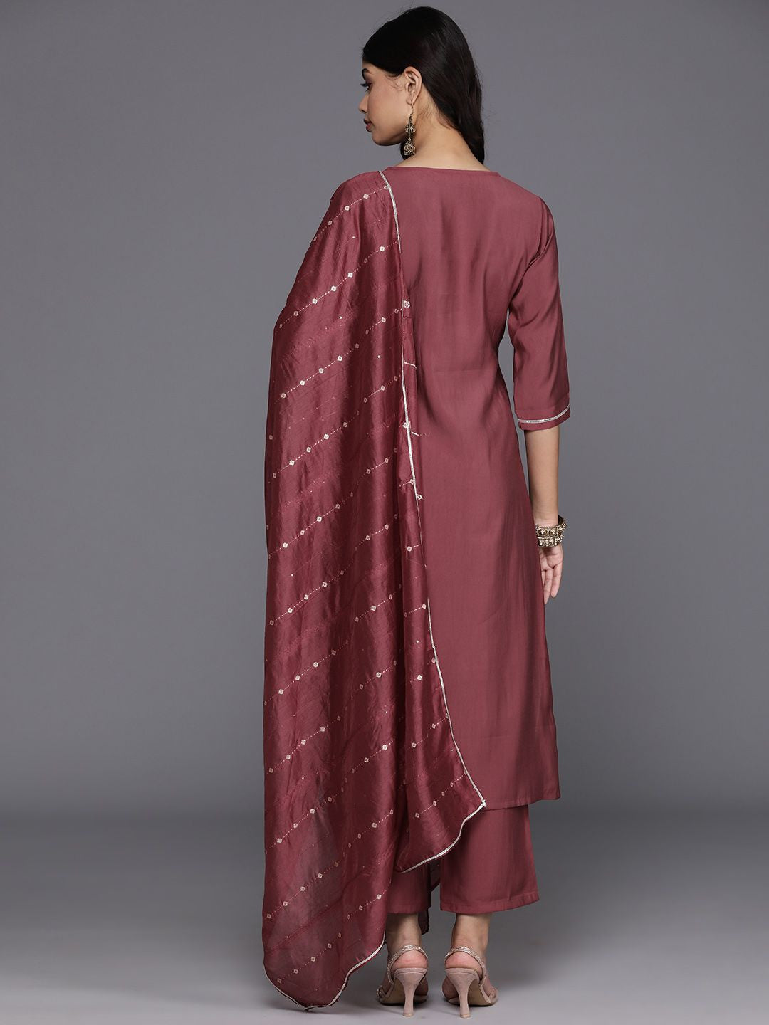 Floral Yoke Design Regular Sequinned Straight Kurta With Trousers & Dupatta
