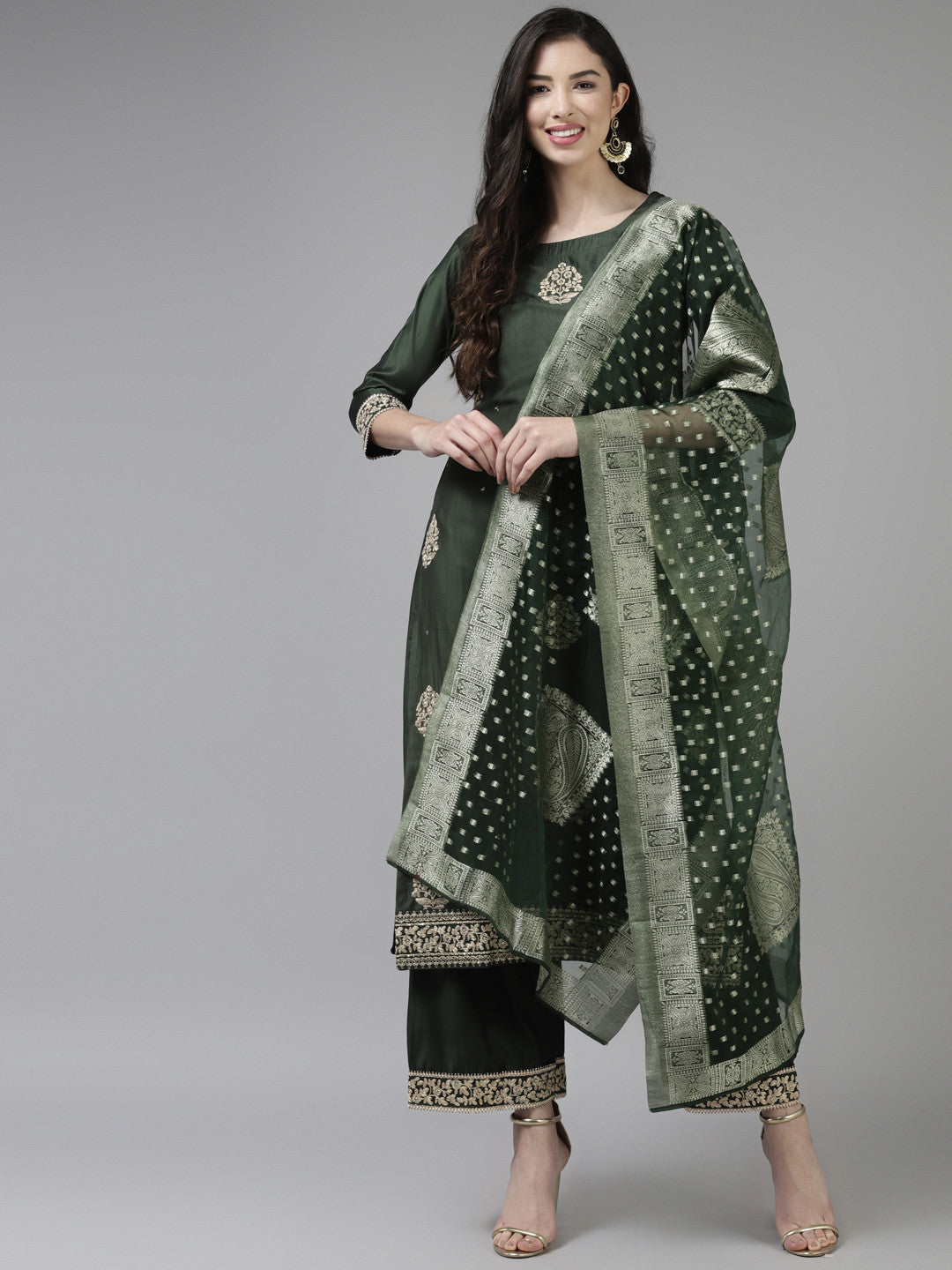 Women Green & Golden Ethnic Motifs Embroidered Kurta with Palazzos & With Dupatta