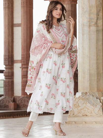 Dhiyona KL Floral Printed Thread Work Pure Cotton Kurta with Trousers & Dupatta