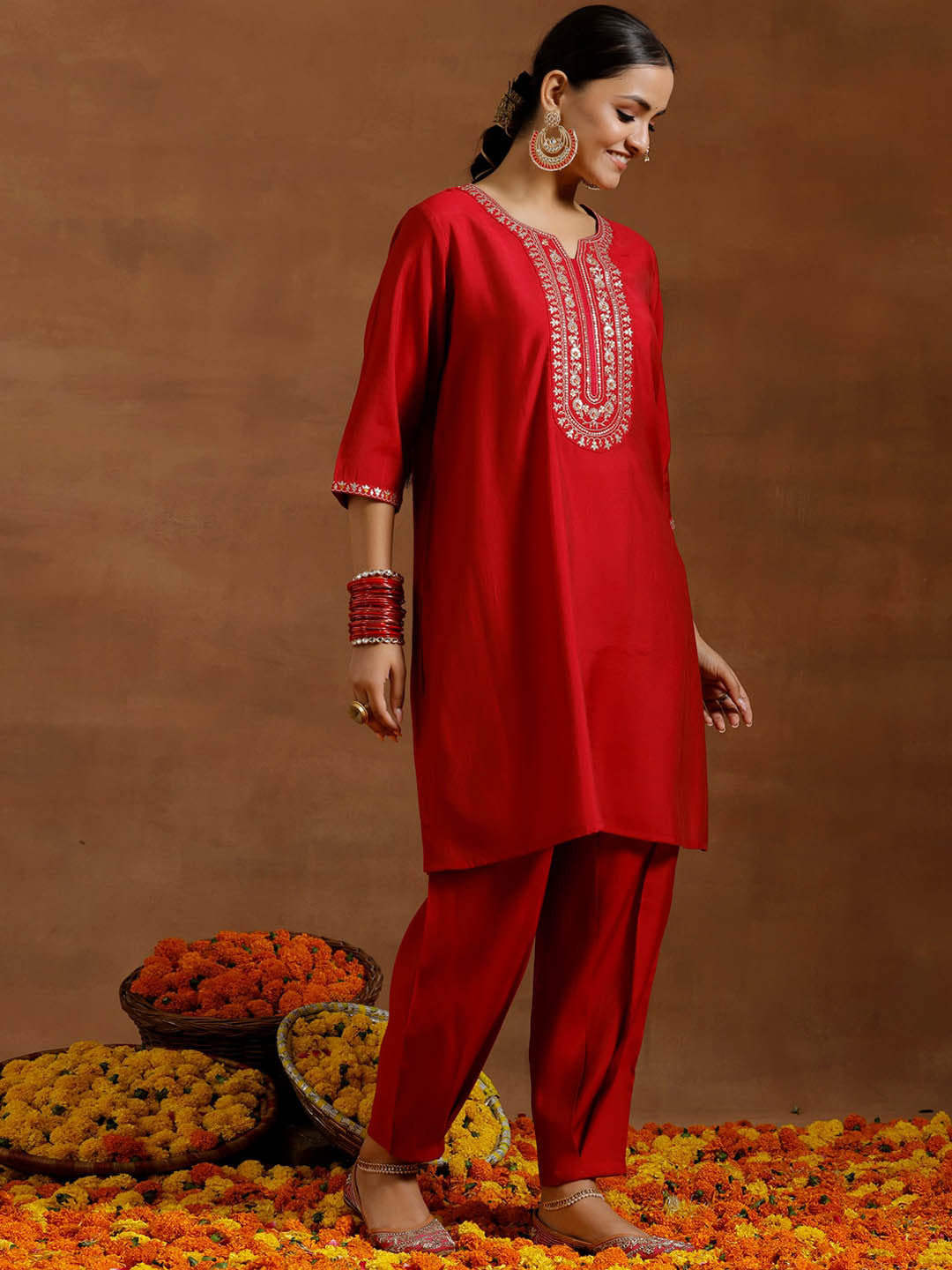 Floral Yoke Design Regular Sequinned Kurta With Salwar & Dupatta