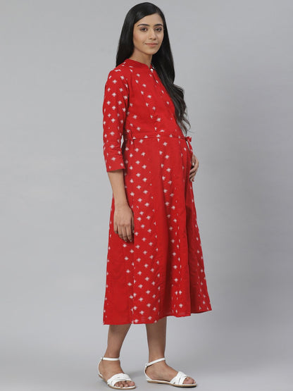Dhiyona AY Women's Red & White Printed Pure Cotton Maternity A-Line Dress