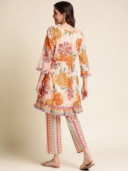 Dhiyona IS Women's Peach Floral Printed Pure Cotton Empire Kurta With Trousers