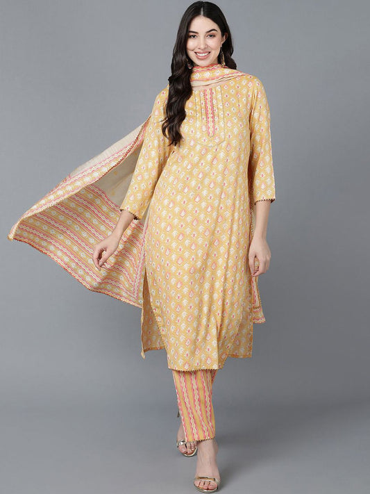 Dhiyona KL Ethnic Motifs Printed Regular Gotta Patti Pure Cotton Kurta ,Trousers & Dupatta