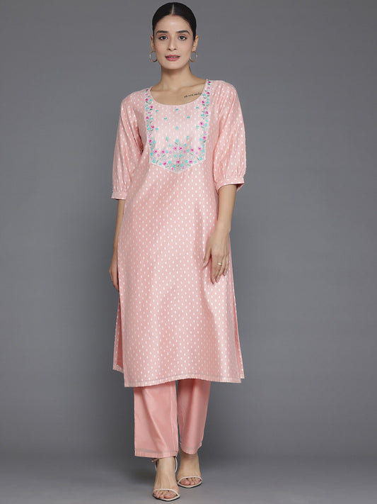 Peach Floral Woven Design Gotta Patti Chanderi Silk Straight Kurta With Trouser