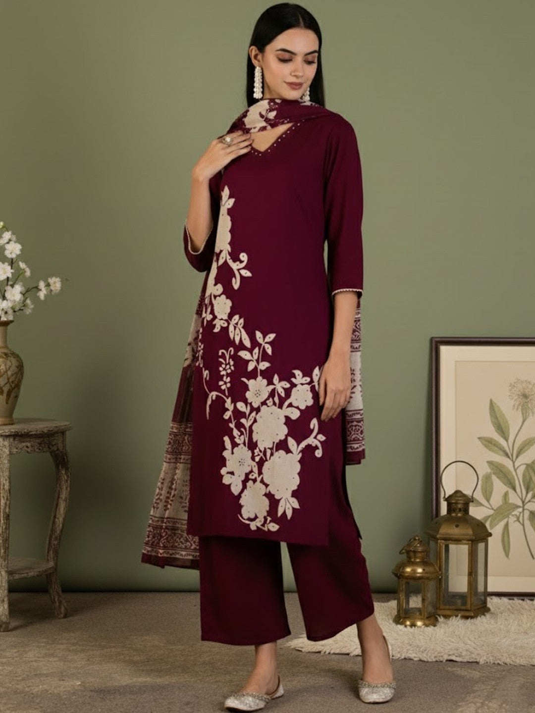 Floral Printed Pure Cotton V-Neck Straight Kurta & Trousers With Dupatta