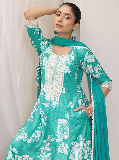 Womens Blue Printed Anarkali Kurta With Trousers & Dupatta