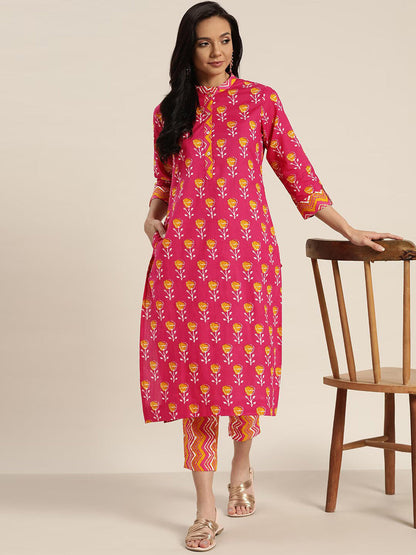 Floral Printed Band Collar Pure Cotton Kurta With Trouser