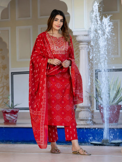 Dhiyona KL Bandhani Printed Notch Neck Pure Cotton Straight Kurta With Trousers & Dupatta