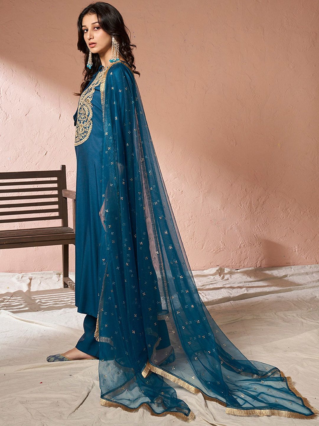 Dhiyona IN Floral Yoke Design Regular Pure Silk Kurta with Palazzos & Dupatta