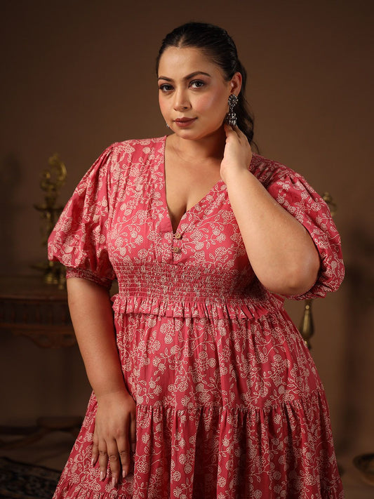 Dhiyona AY Women's Floral Printed Smocked Fit & Flare Maxi Dress