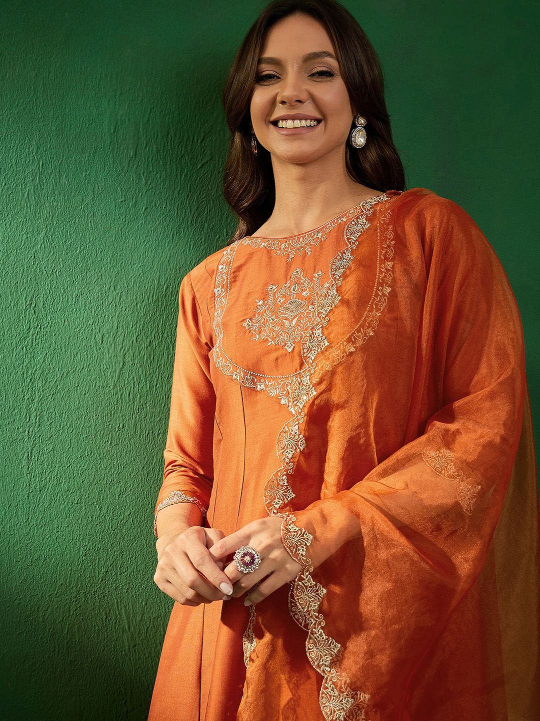 Dhiyona SN Women's Embroidered Boat-Neck Kurta With Trousers & Dupatta