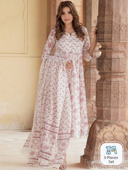 Dhiyona KL Floral Printed V-Neck Regular Gotta Patti Kurta With Trousers & Dupatta