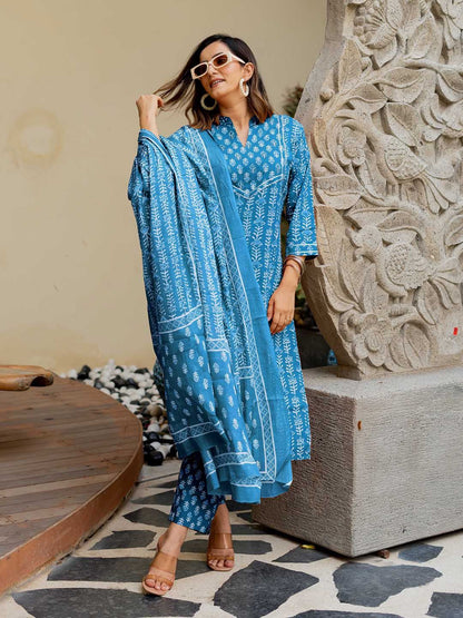 Dhiyona KL Ethnic Motifs Printed Pure Cotton Kurta with Trousers & Dupatta