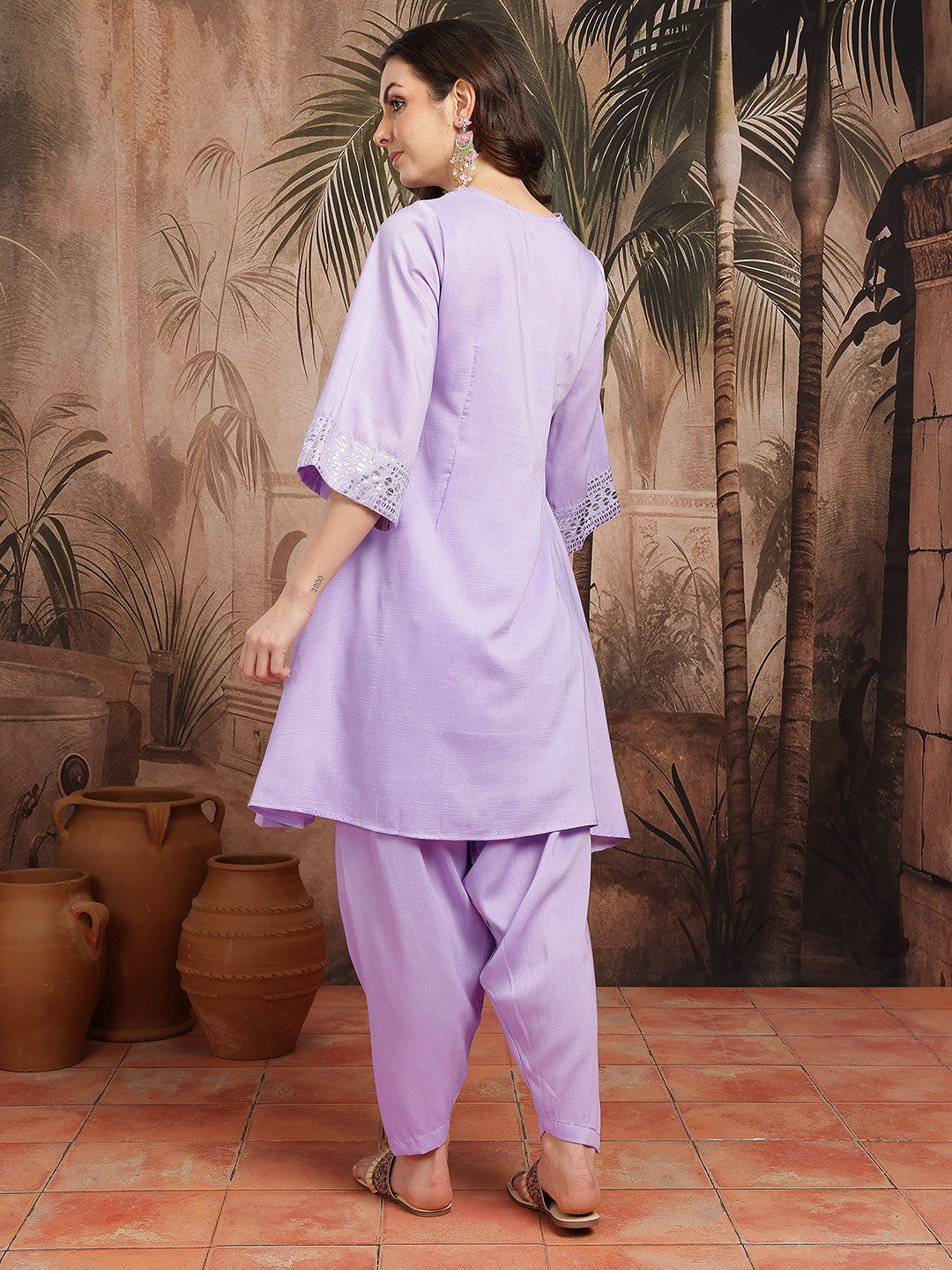 Geometric Yoke Design Foil Print A-Line Kurta with Salwar