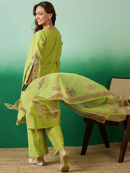 Dhiyona SN Embroidered Straight Kurta With Palazzo & Dupatta Set