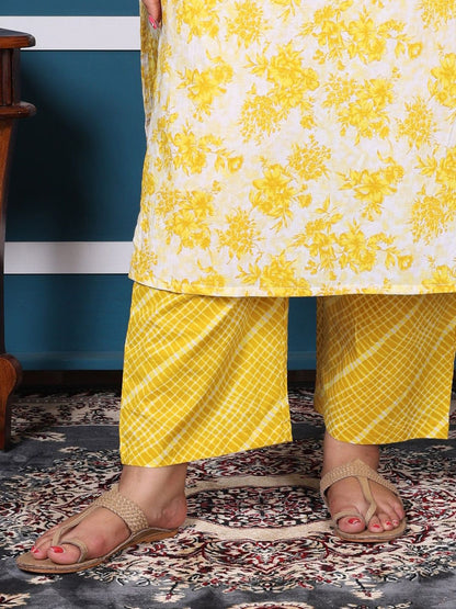 Dhiyona KL Plus Size Floral Printed Pure Cotton Straight Kurta with Palazzos & Dupatta