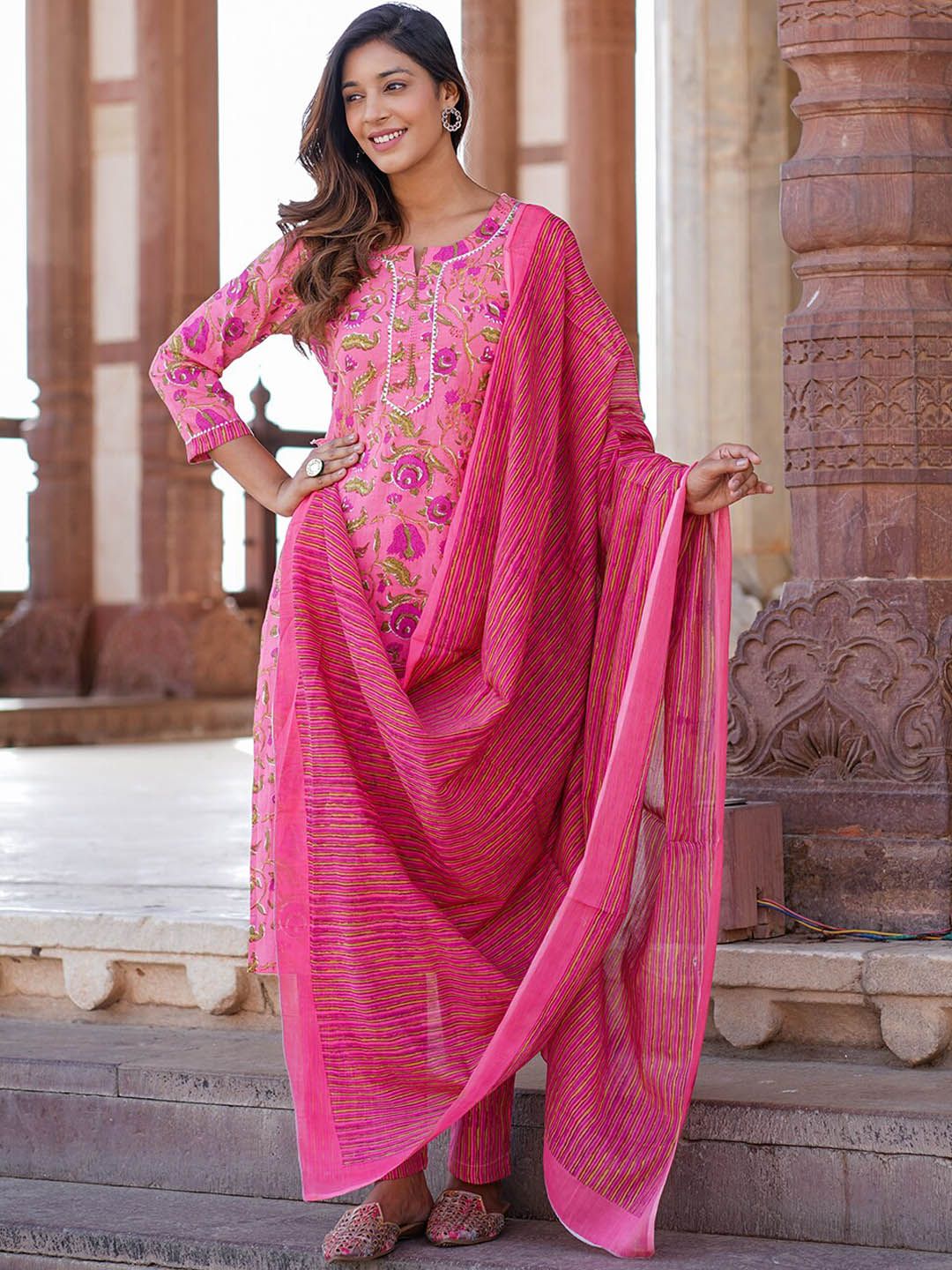 Dhiyona KL Floral Printed Pure Cotton Kurta with Trousers & With Dupatta