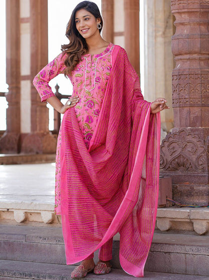 Dhiyona KL Floral Printed Pure Cotton Kurta with Trousers & With Dupatta