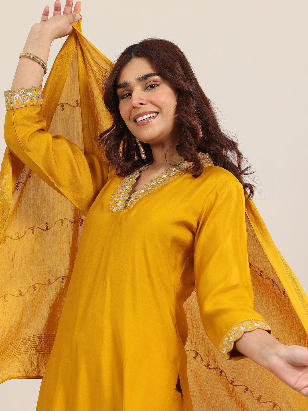 Yoke Design V-Neck Straight Sequinned Kurta With Trousers And Dupatta