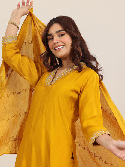 Yoke Design V-Neck Straight Sequinned Kurta With Trousers And Dupatta