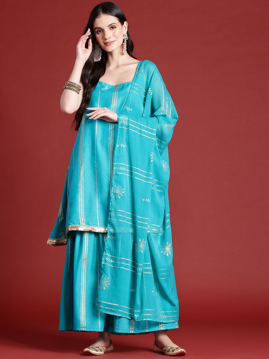 Dhiyona AN Ethnic Motifs Print Gotta Patti Kurta with Sharara & Dupatta