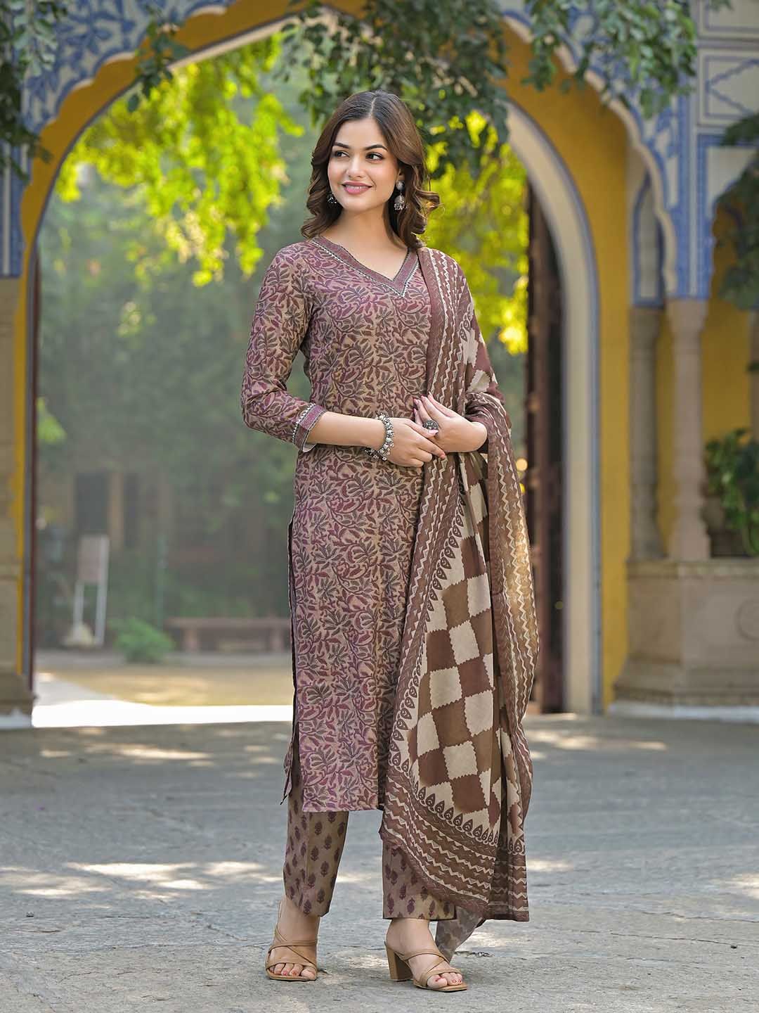 Dhiyona KL Floral Printed V Neck Gotta Patti Straight Kurta With Trousers & Dupatta