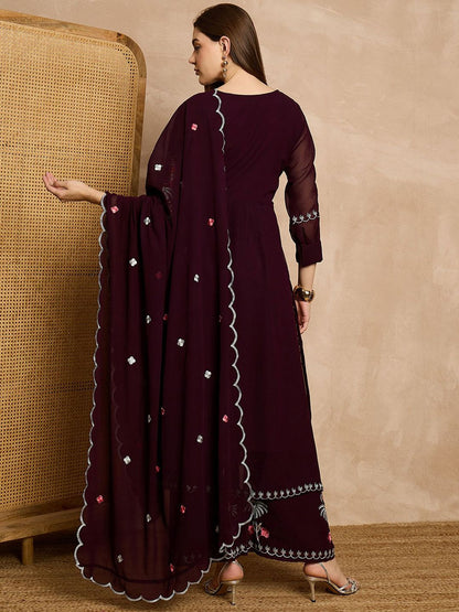 Dhiyona KL Floral Embroidered Mirror Work Kurta with Palazzos & Dupatta