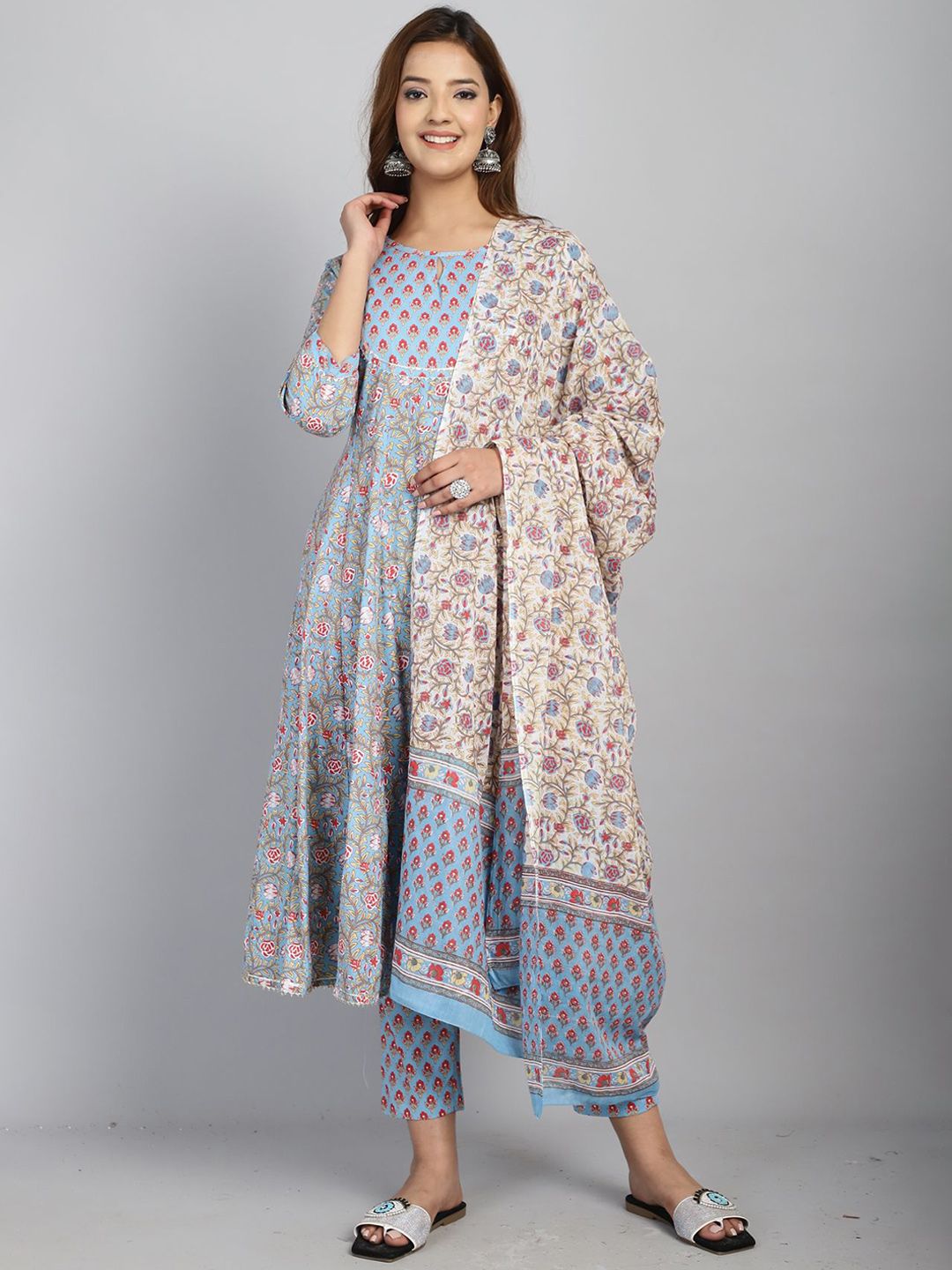 Dhiyona KL Floral Printed Pure Cotton Anarkali Kurta With Trouser & Dupatta