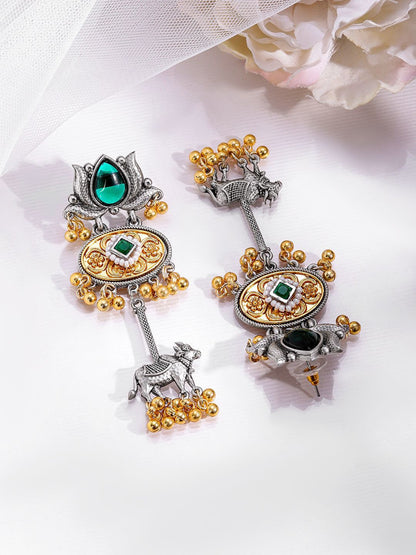 Dhiyona RJ Women's Silver & Gold Dual-Plated Oxidised Emerald Green Lotus Motif Cow Design Earrings