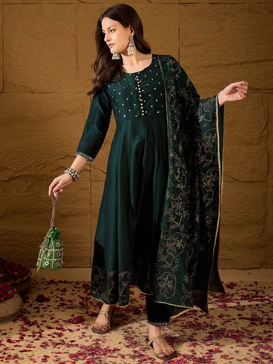 Dhiyona KL Ethnic Motifs Printed Regular Mirror Work Kurta with Trousers & Dupatta