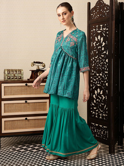 Dhiyona HOP Floral Printed Sequinned Gathered Jashn Kurti With Sharara & Dupatta