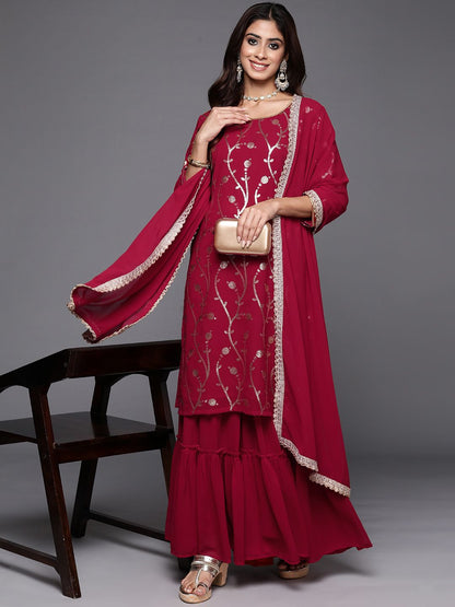 Dhiyona IE Women Floral Embroidered Regular Sequined Kurta with Sharara & Dupatta