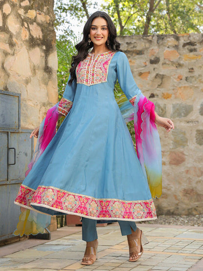 Dhiyona RR Women's Floral Embroidered Anarkali Kurta &Trousers With Dupatta