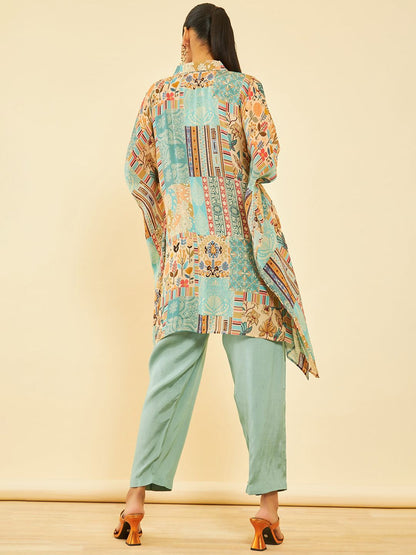 Dhiyona SO Women's Blue Floral Printed Pure Cotton Kaftan Kurta With Inner & Trouser